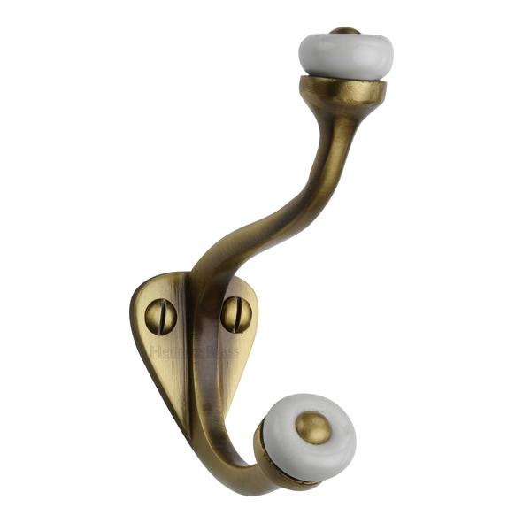 V1048-AT • Antique Brass • Heritage Brass Traditional Hat & Coat Hook With Ceramic End