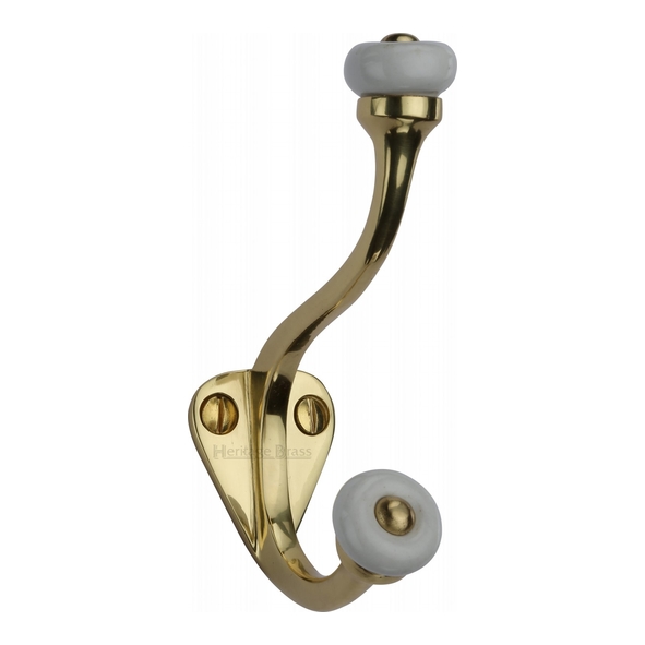 V1048-PB  Polished Brass  Heritage Brass Traditional Hat & Coat Hook With Ceramic End