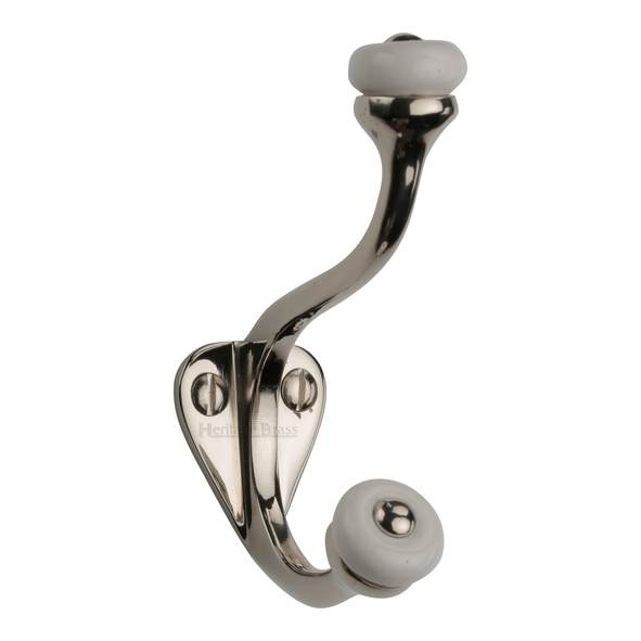 V1048-PNF • Polished Nickel • Heritage Brass Traditional Hat & Coat Hook With Ceramic End