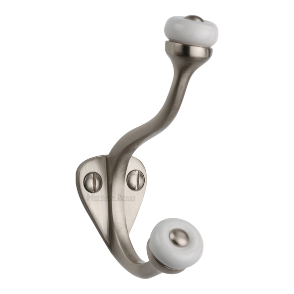 V1048-SN • Satin Nickel • Heritage Brass Traditional Hat & Coat Hook With Ceramic End