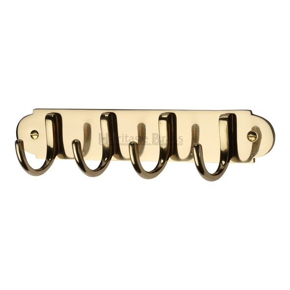 V1079-PB • Polished Brass • Heritage Brass Quad Coat Hook On Shaped Plate