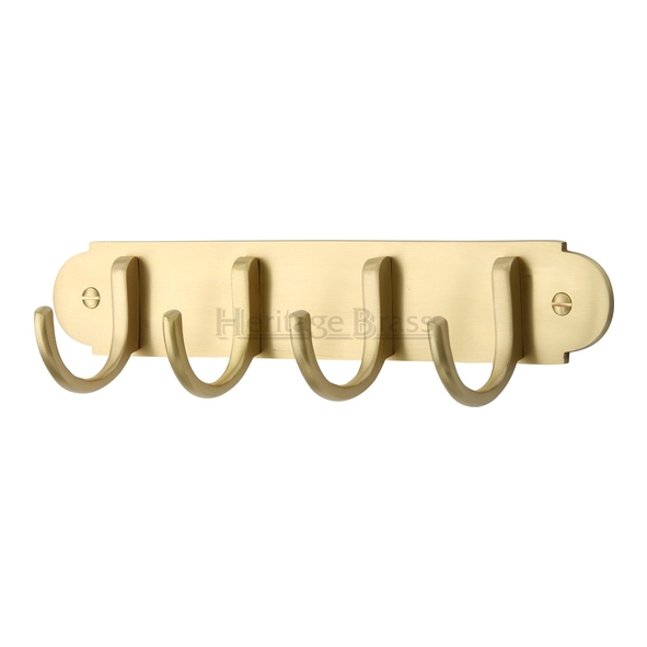 V1079-SB • Satin Brass • Heritage Brass Quad Coat Hook On Shaped Plate