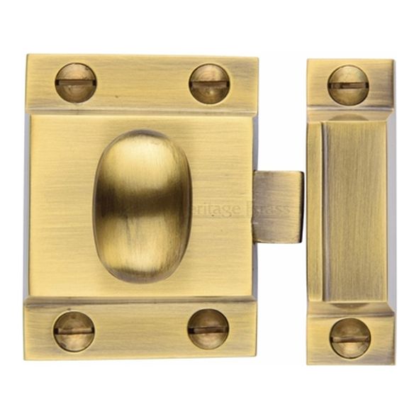 V1112-AT • 53 x 40 x 17 x 26 x 32mm • Antique Brass • Heritage Brass Oval Knob Cupboard Latch