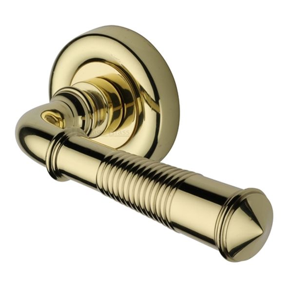 V1936-PB • Polished Brass • Heritage Brass Colonial Reeded Lever Furniture on Round Rose
