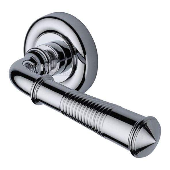 V1936-PC • Polished Chrome • Heritage Brass Colonial Reeded Lever Furniture on Round Rose