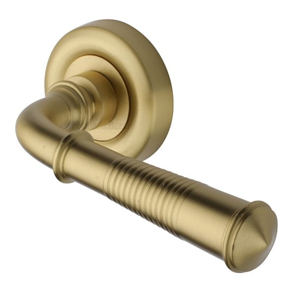 V1936-SB • Satin Brass • Heritage Brass Colonial Reeded Lever Furniture on Round Rose