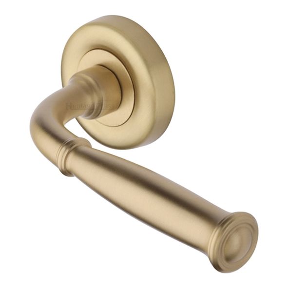 V1938-SB  Satin Brass  Heritage Brass Lincoln Lever Furniture on Round Rose