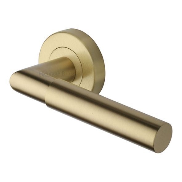 V2270-SB  Satin Brass  Heritage Brass Bauhaus Mitre Lever Furniture on Round Rose