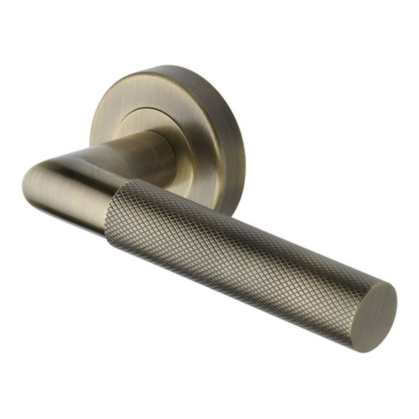 V2272-AT • Antique Brass • Heritage Brass Bauhaus Mitre Knurled Lever Furniture on Round Rose