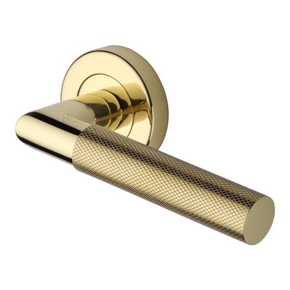 V2272-PB • Polished Brass • Heritage Brass Bauhaus Mitre Knurled Lever Furniture on Round Rose