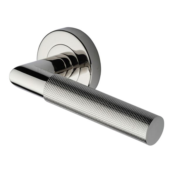 V2272-PNF  Polished Nickel  Heritage Brass Bauhaus Mitre Knurled Lever Furniture on Round Rose