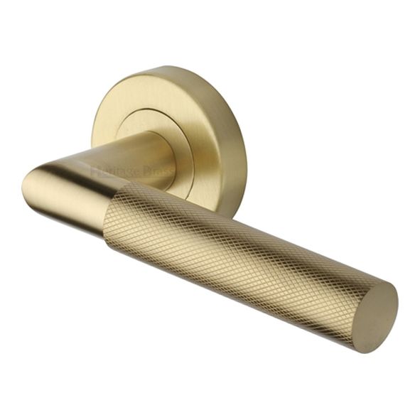 V2272-SB • Satin Brass • Heritage Brass Bauhaus Mitre Knurled Lever Furniture on Round Rose