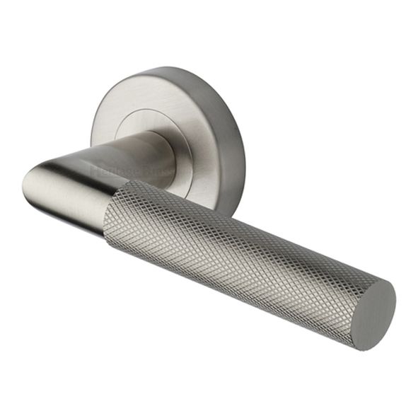 V2272-SN • Satin Nickel • Heritage Brass Bauhaus Mitre Knurled Lever Furniture on Round Rose