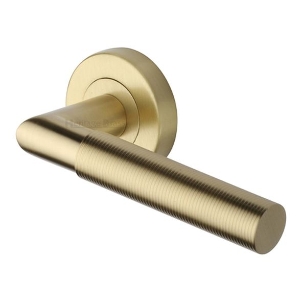 V2274-SB  Satin Brass  Heritage Brass Bauhaus Mitre Reeded Lever Furniture on Round Rose