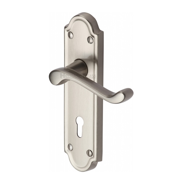 V300-SN • Standard Lock [57mm] • Satin Nickel • Heritage Brass Meridian Levers On Backplates