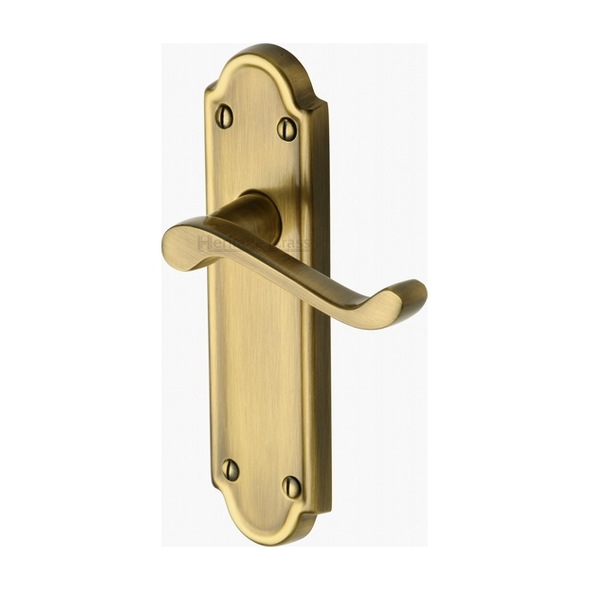 V313-AT • Long Plate Latch • Antique Brass • Heritage Brass Meridian Levers On Backplates