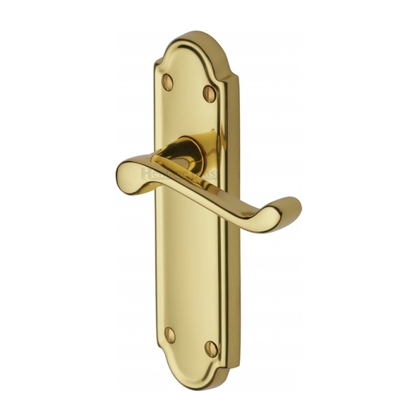 V313-PB  Long Plate Latch  Polished Brass  Heritage Brass Meridian Levers On Backplates