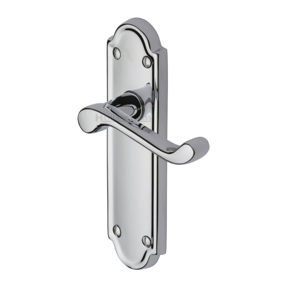 V313-PC • Long Plate Latch • Polished Chrome • Heritage Brass Meridian Levers On Backplates