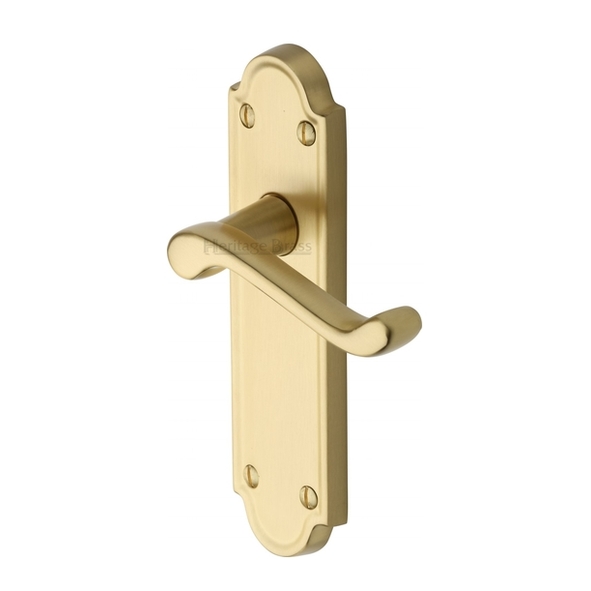 V313-SB  Long Plate Latch  Satin Brass  Heritage Brass Meridian Levers On Backplates