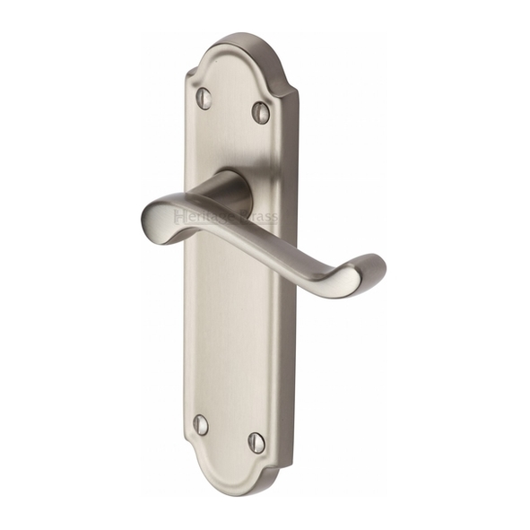 V313-SN • Long Plate Latch • Satin Nickel • Heritage Brass Meridian Levers On Backplates