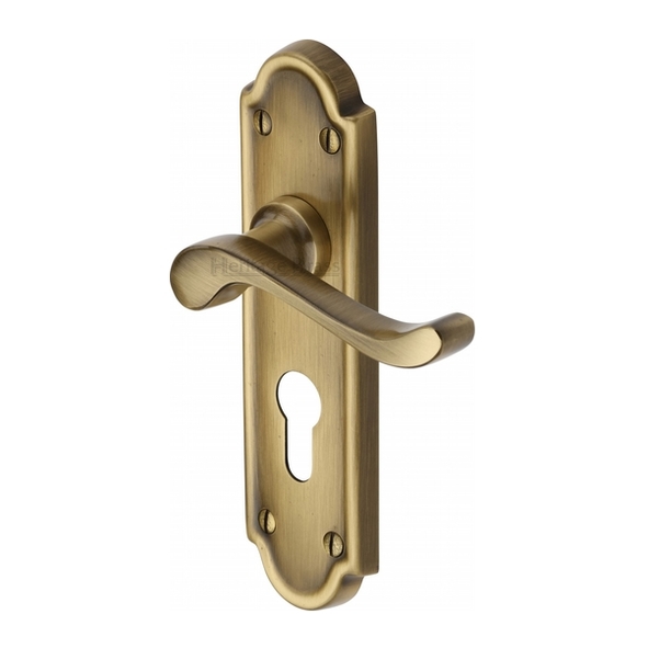 V327.48-AT • Euro Cylinder [47.5mm] • Antique Brass • Heritage Brass Meridian Levers On Backplates