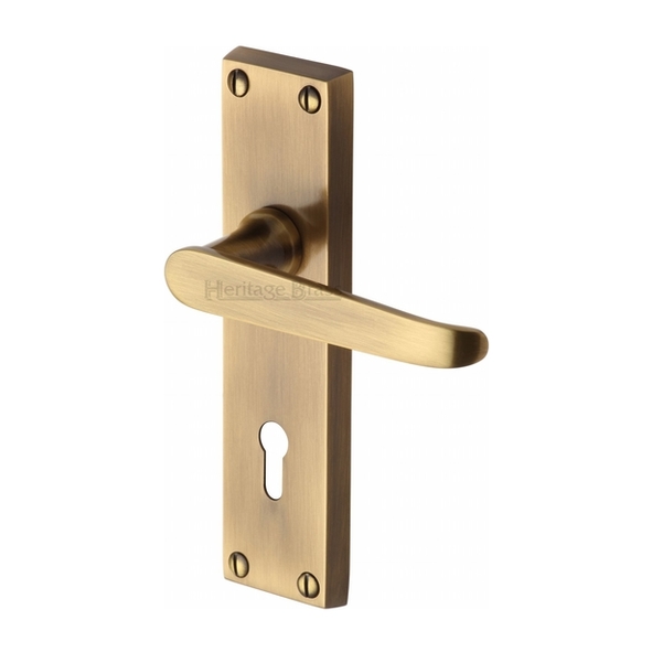 V3900-AT • Standard Lock [57mm] • Antique Brass • Heritage Brass Victoria Levers On Backplates