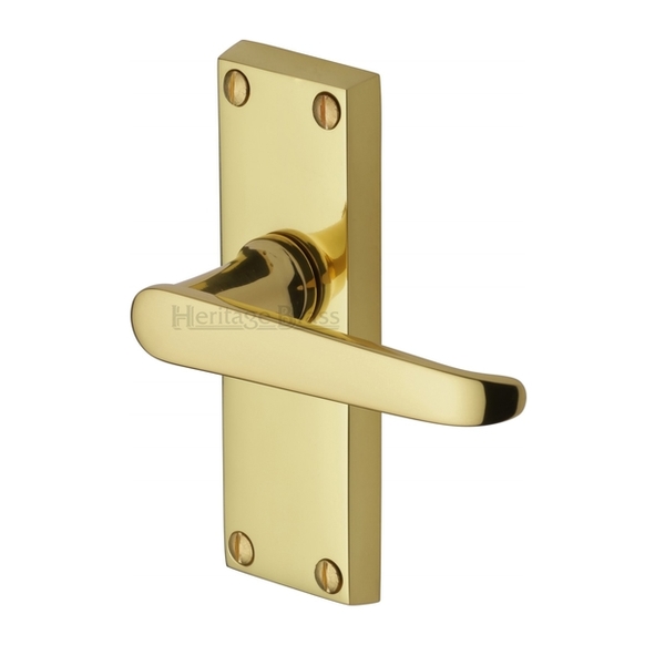 V3910-PB • Short Plate Latch • Polished Brass • Heritage Brass Victoria Levers On Backplates