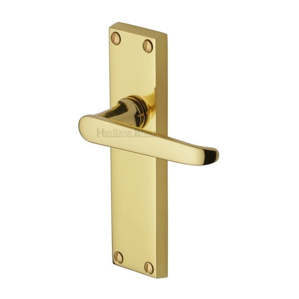 V3913-PB • Long Plate Latch • Polished Brass • Heritage Brass Victoria Levers On Backplates