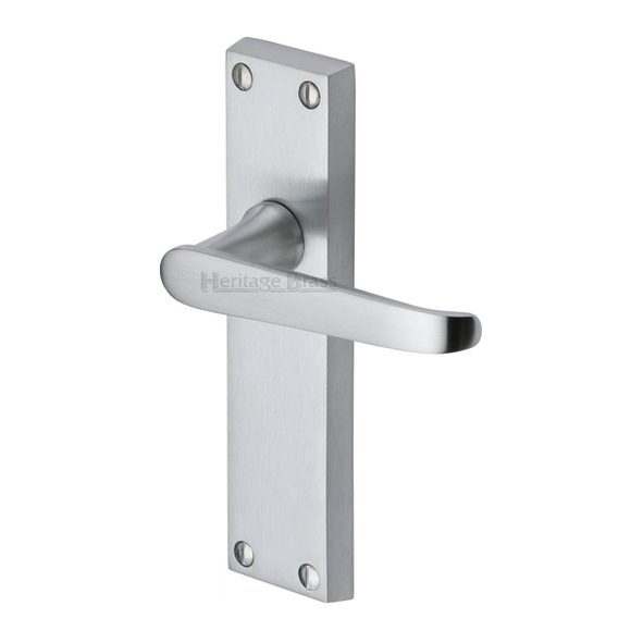 V3913-SC • Long Plate Latch • Satin Chrome • Heritage Brass Victoria Levers On Backplates