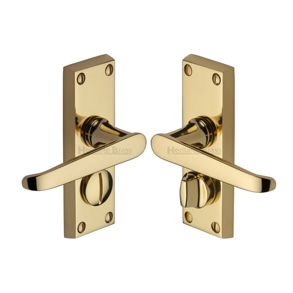 V3935-PB • Short Plate Privacy • Polished Brass • Heritage Brass Victoria Levers On Backplates