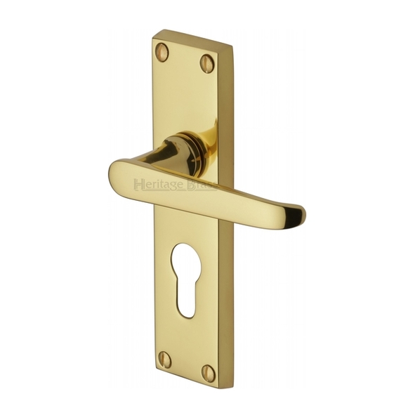 V3948-PB • Euro Cylinder [47.5mm] • Polished Brass • Heritage Brass Victoria Levers On Backplates