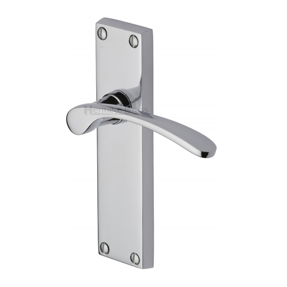 V4113-PC • Long Plate Latch • Polished Chrome • Heritage Brass Sophia Levers On Backplates