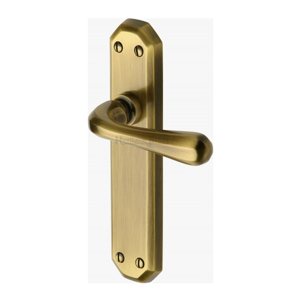 V7060-AT • Long Plate Latch • Antique Brass • Heritage Brass Charlbury Levers On Backplates
