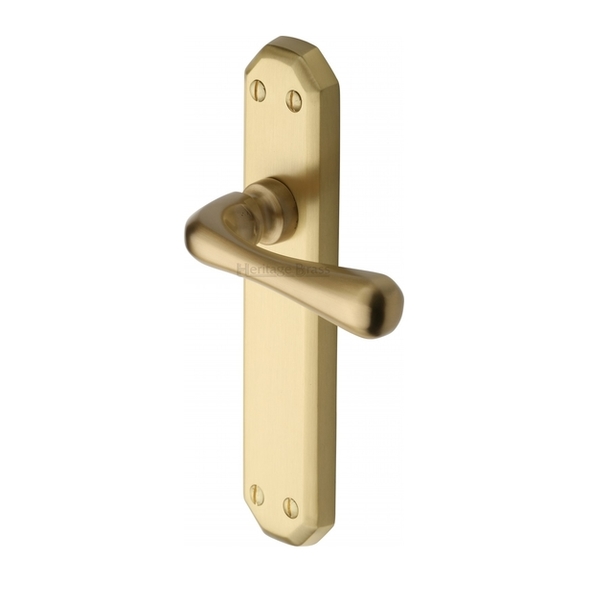 V7060-SB • Long Plate Latch • Satin Brass • Heritage Brass Charlbury Levers On Backplates