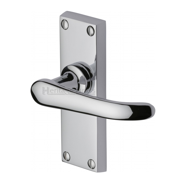 V710-PC • Short Plate Latch • Polished Chrome • Heritage Brass Windsor Levers On Backplates