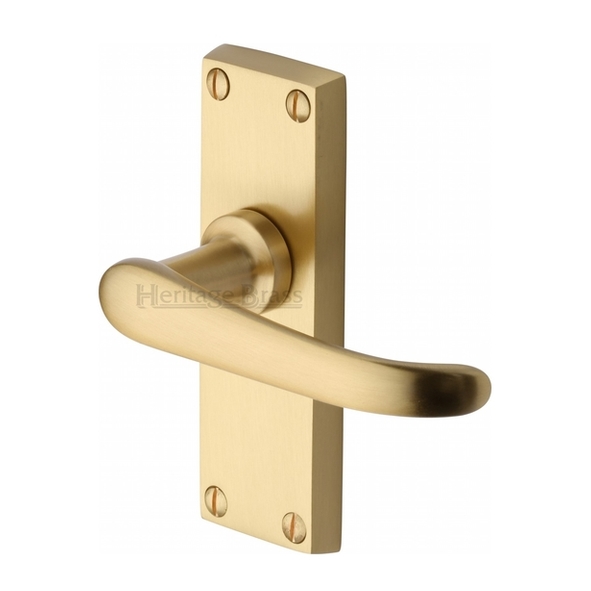 V710-SB • Short Plate Latch • Satin Brass • Heritage Brass Windsor Levers On Backplates