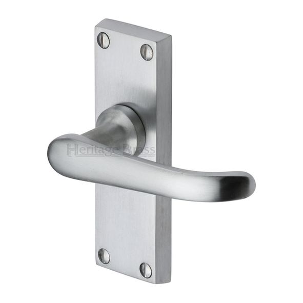 V710-SC • Short Plate Latch • Satin Chrome • Heritage Brass Windsor Levers On Backplates