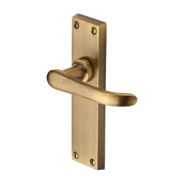 V713-AT • Long Plate Latch • Antique Brass • Heritage Brass Windsor Levers On Backplates