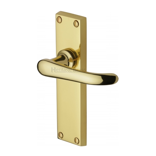 V713-PB • Long Plate Latch • Polished Brass • Heritage Brass Windsor Levers On Backplates