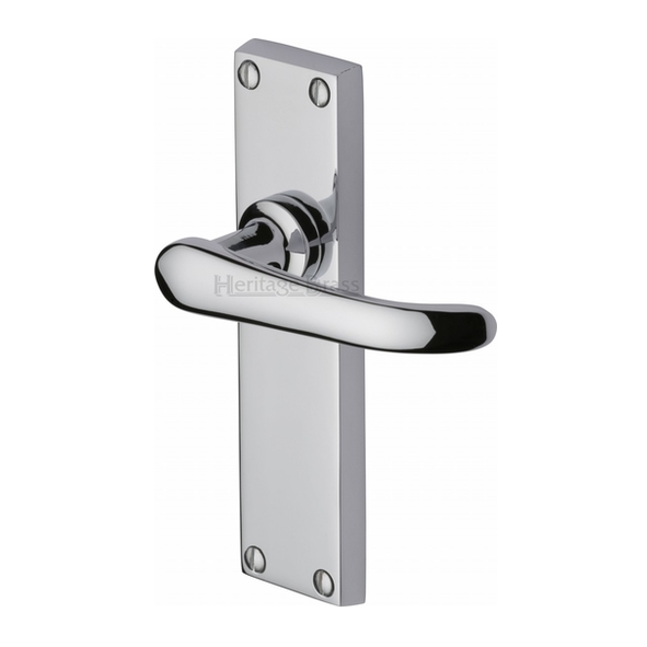 V713-PC • Long Plate Latch • Polished Chrome • Heritage Brass Windsor Levers On Backplates