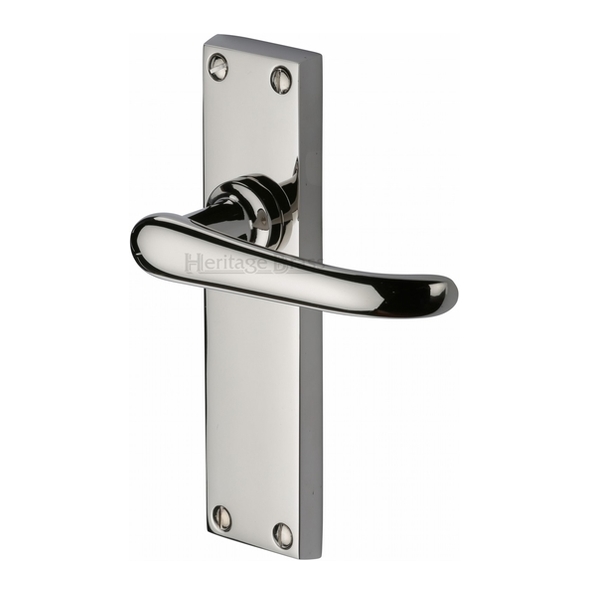 V713-PNF  Long Plate Latch  Polished Nickel  Heritage Brass Windsor Levers On Backplates