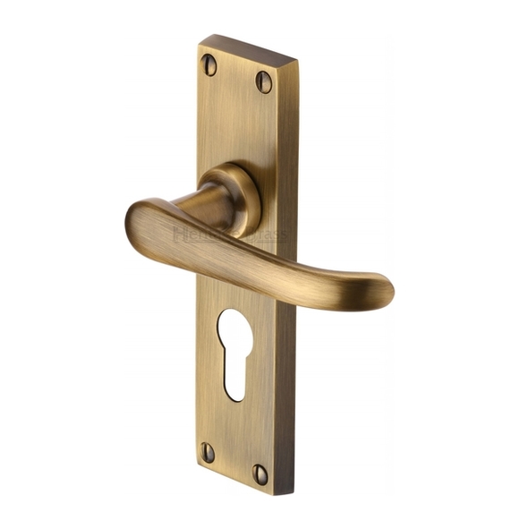 V727.48-AT • Euro Cylinder [47.5mm] • Antique Brass • Heritage Brass Windsor Levers On Backplates