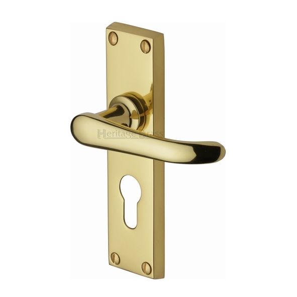 V727.48-PB  Euro Cylinder [47.5mm]  Polished Brass  Heritage Brass Windsor Levers On Backplates