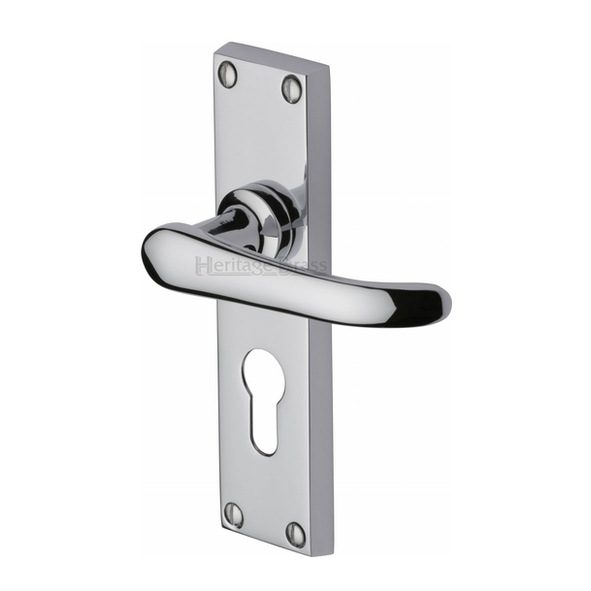 V727.48-PC  Euro Cylinder [47.5mm]  Polished Chrome  Heritage Brass Windsor Levers On Backplates