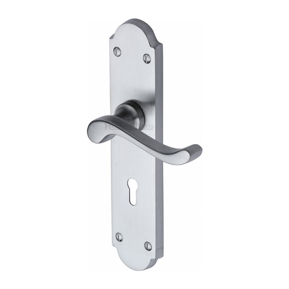 V750-SC  Standard Lock [57mm]  Satin Chrome  Heritage Brass Savoy Levers On Long Backplates