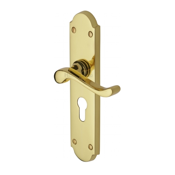 V757.48-PB  Euro Cylinder [47.5mm]  Polished Brass  Heritage Brass Savoy Levers On Long Backplates