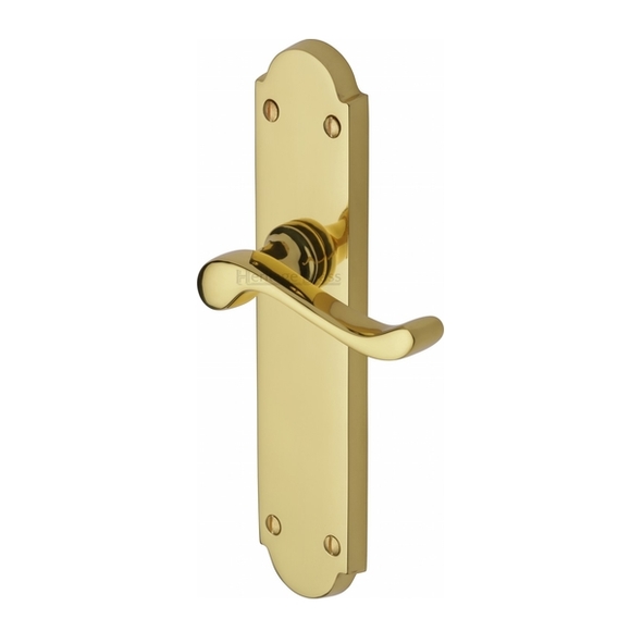 V760-PB • Long Plate Latch • Polished Brass • Heritage Brass Savoy Levers On Long Backplates