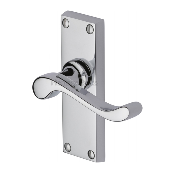 V800-PC • Short Plate Latch • Polished Chrome • Heritage Brass Bedford Levers On Backplates