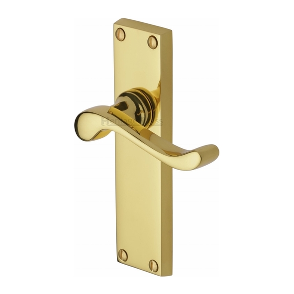 V803-PB • Long Plate Latch • Polished Brass • Heritage Brass Bedford Levers On Backplates