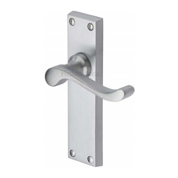 V803-SC • Long Plate Latch • Satin Chrome • Heritage Brass Bedford Levers On Backplates